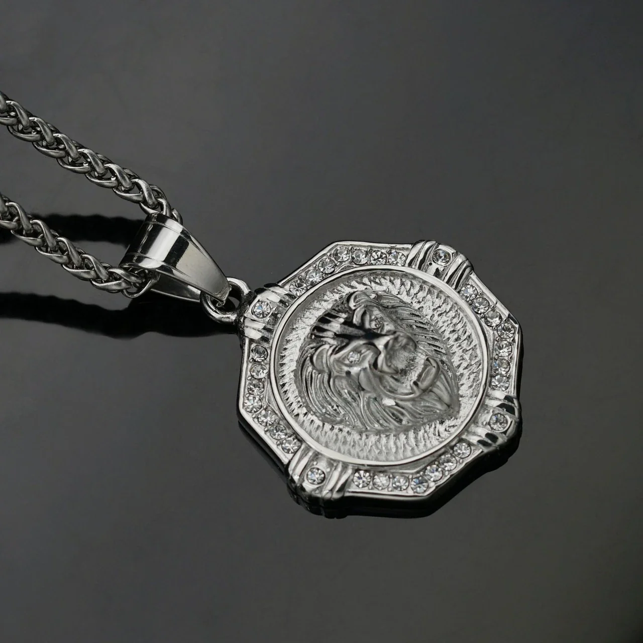 Octagonal Lion Medallion Stainless Steel Crystal Necklace