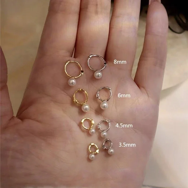 Petite Mini Hoop Pearl Drop Huggie Earrings - Silver 4.5 mm