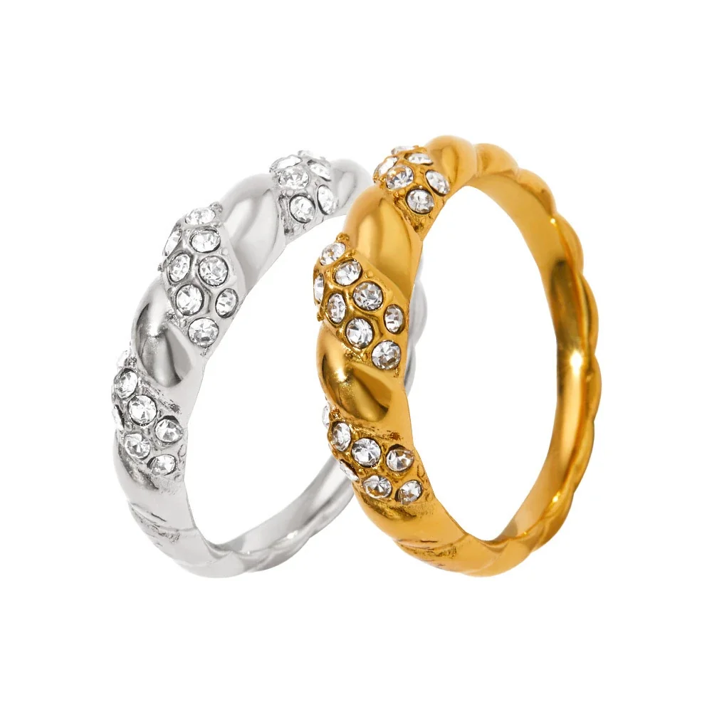 Twisted Stainless Steel Clustered Clear-Stone Ring