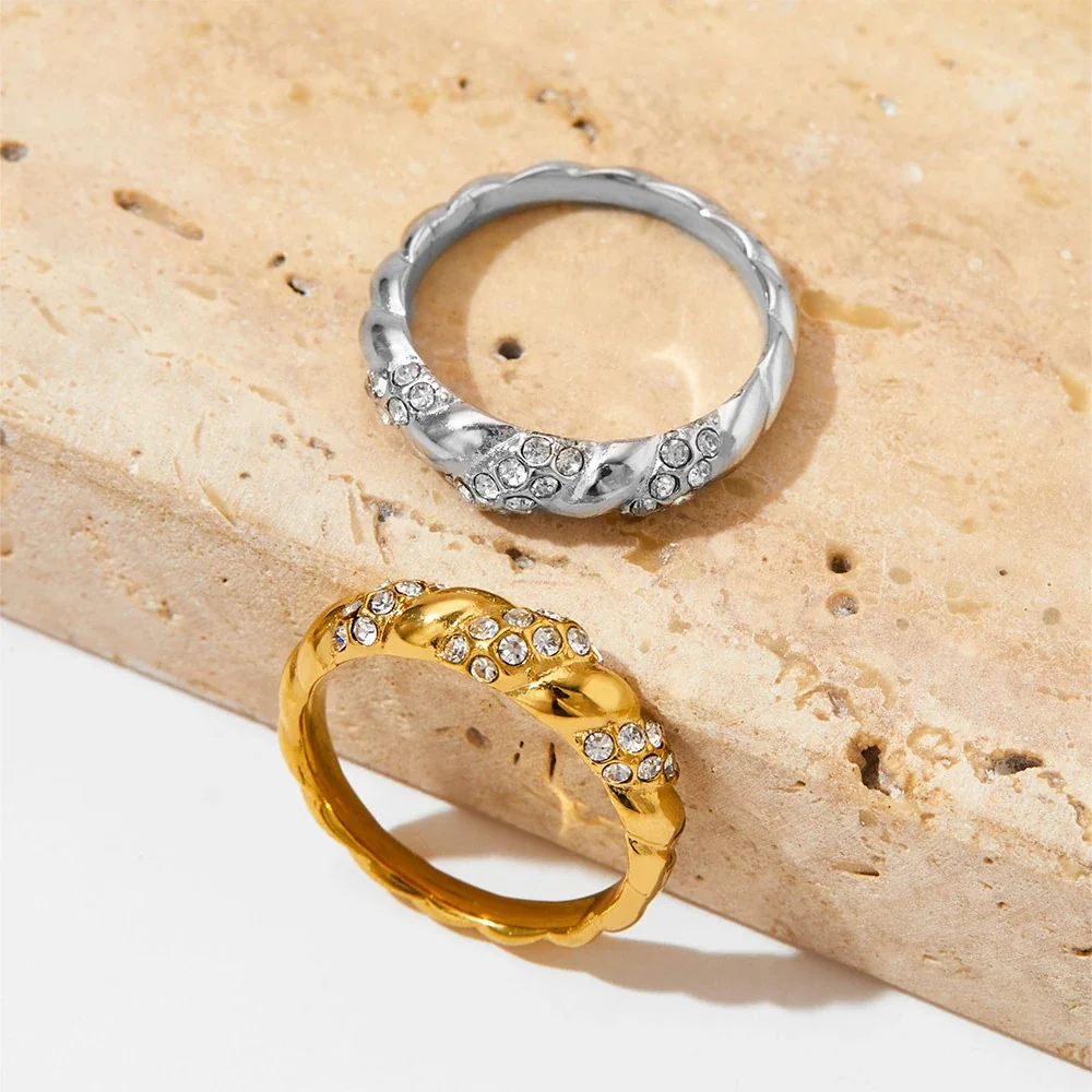 Twisted Stainless Steel Clustered Clear-Stone Ring