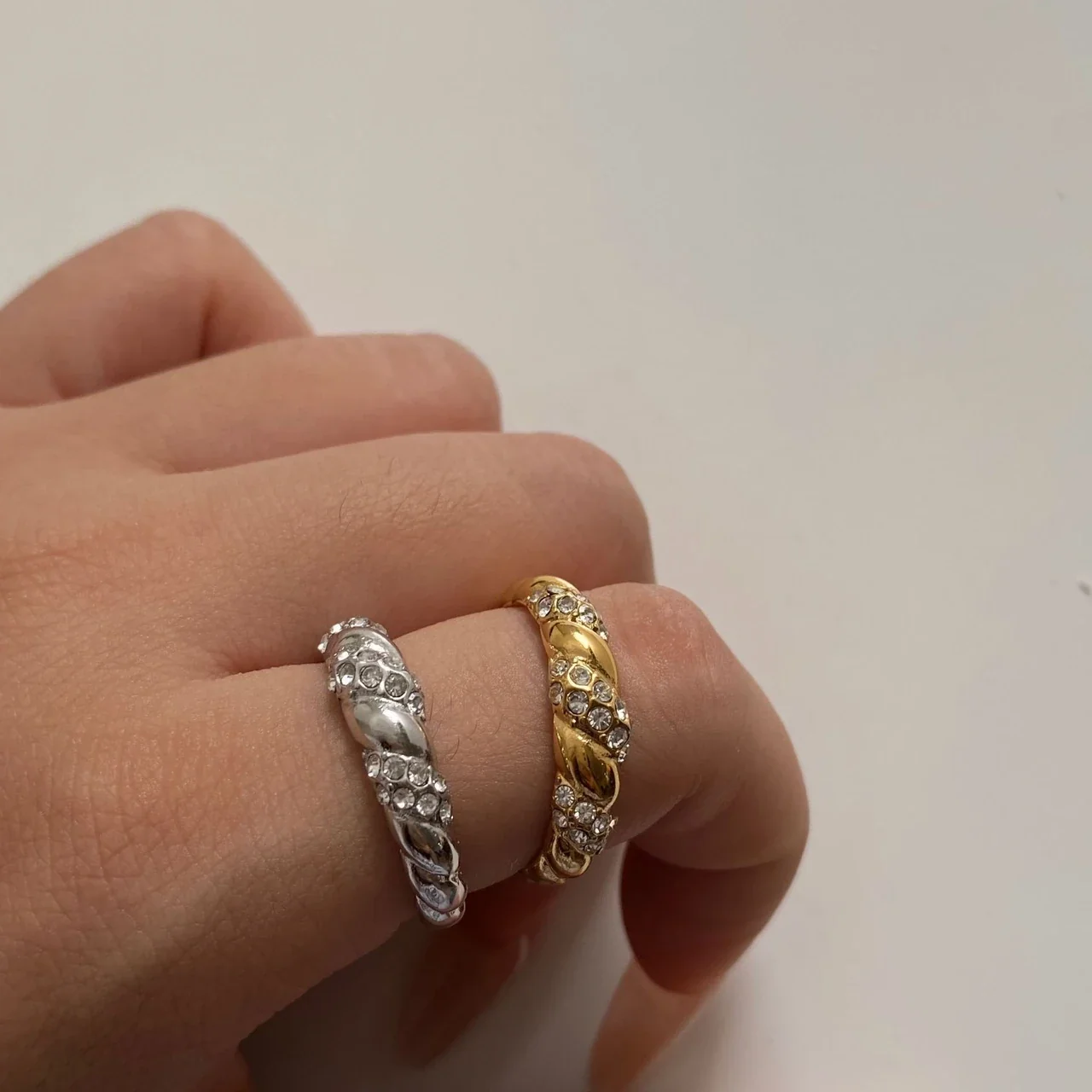 Twisted Stainless Steel Clustered Clear-Stone Ring