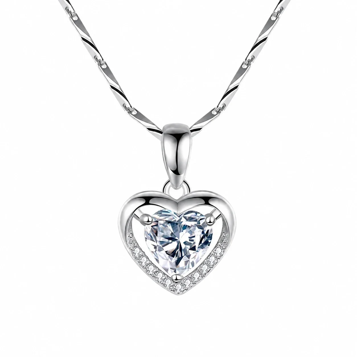 Radiant 925 Sterling Silver Prong-Set Heart Pave Pendant