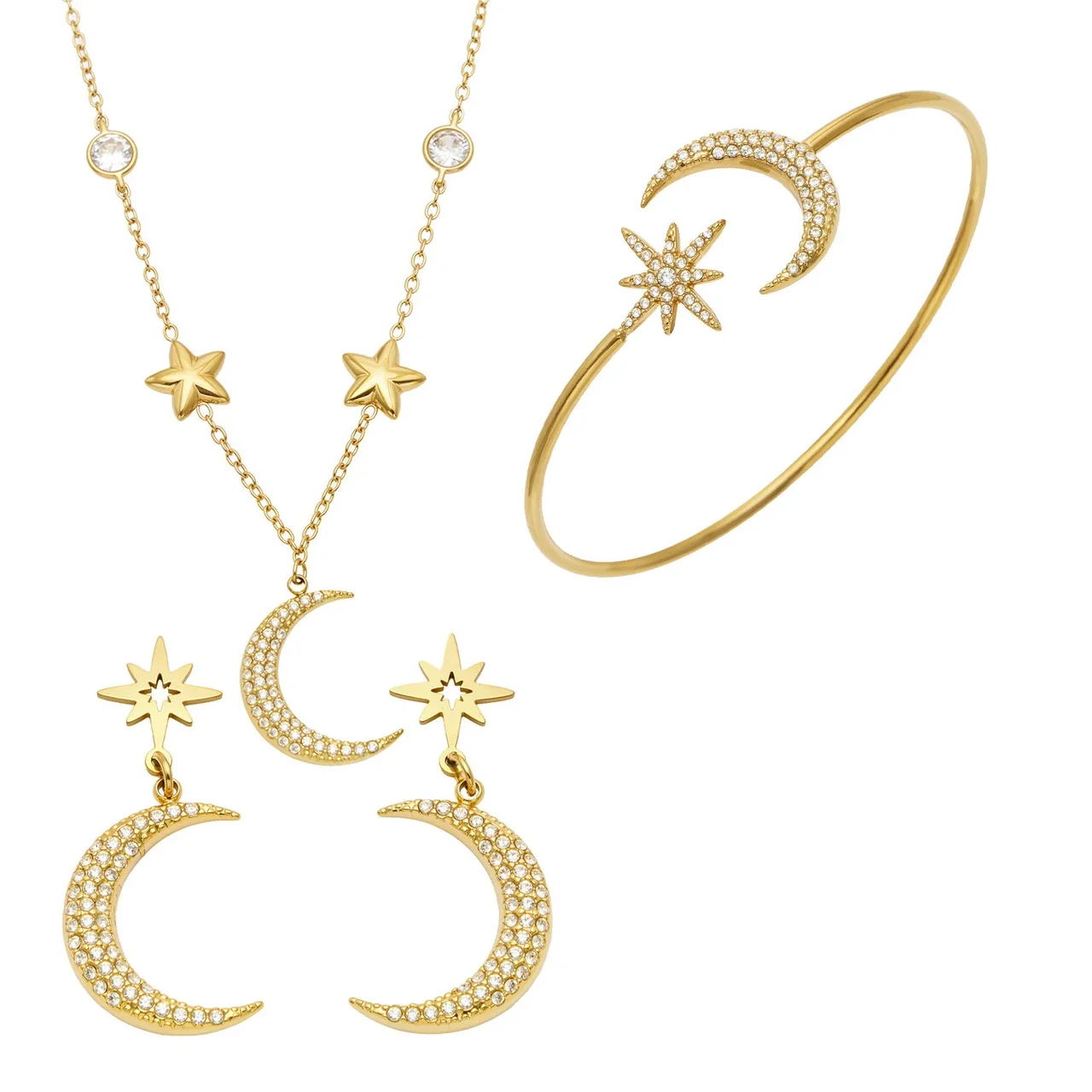 Celestial 18K Gold-Plated Pavé Crescent Star Jewelry Set