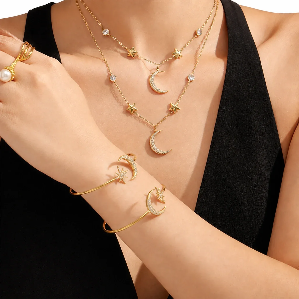 Celestial 18K Gold-Plated Pavé Crescent Star Jewelry Set
