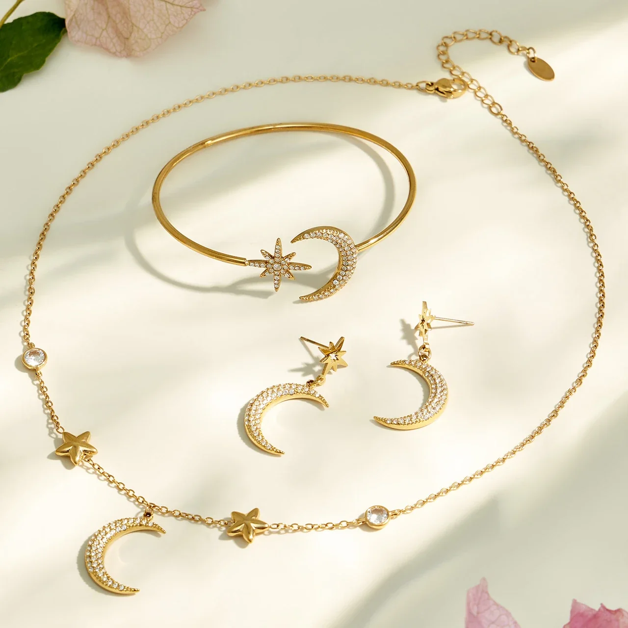 Celestial 18K Gold-Plated Pavé Crescent Star Jewelry Set