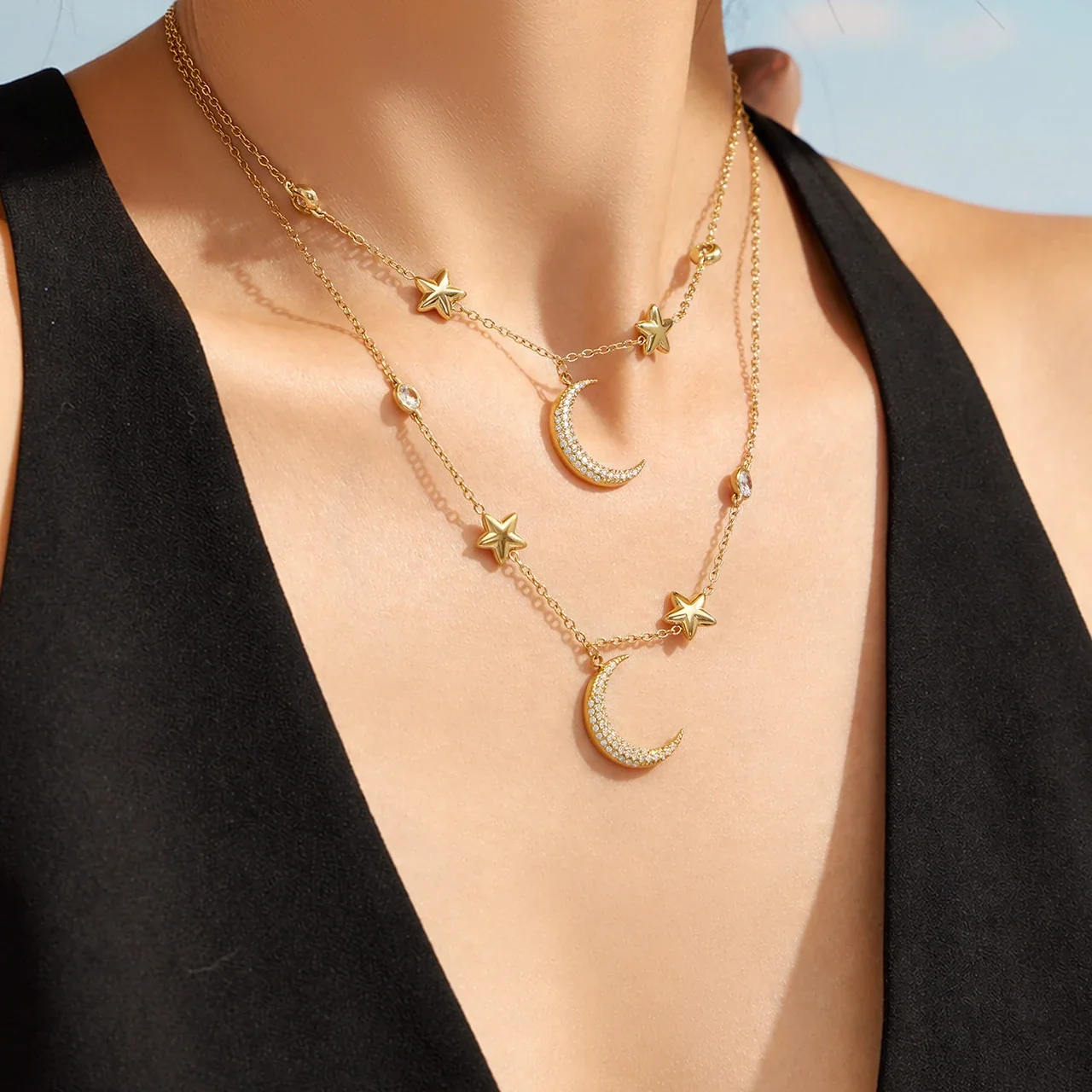 Celestial 18K Gold-Plated Pavé Crescent Star Jewelry Set