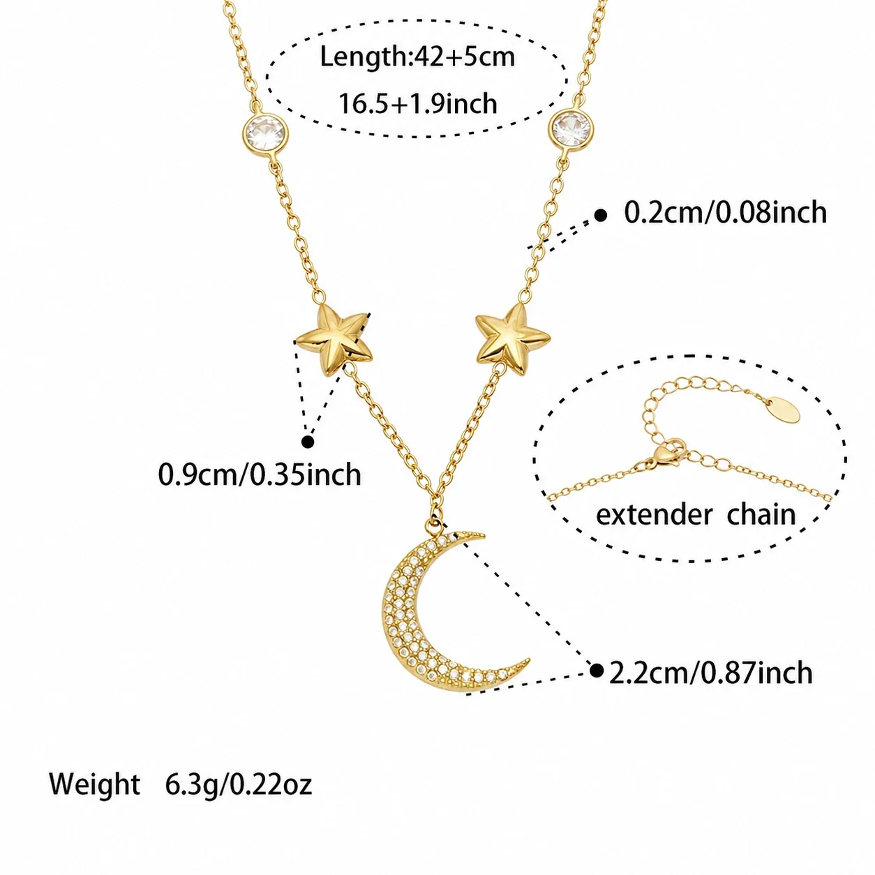 Celestial 18K Gold-Plated Pavé Crescent Star Jewelry Set - Gold Star Moon CZ 42+5 cm