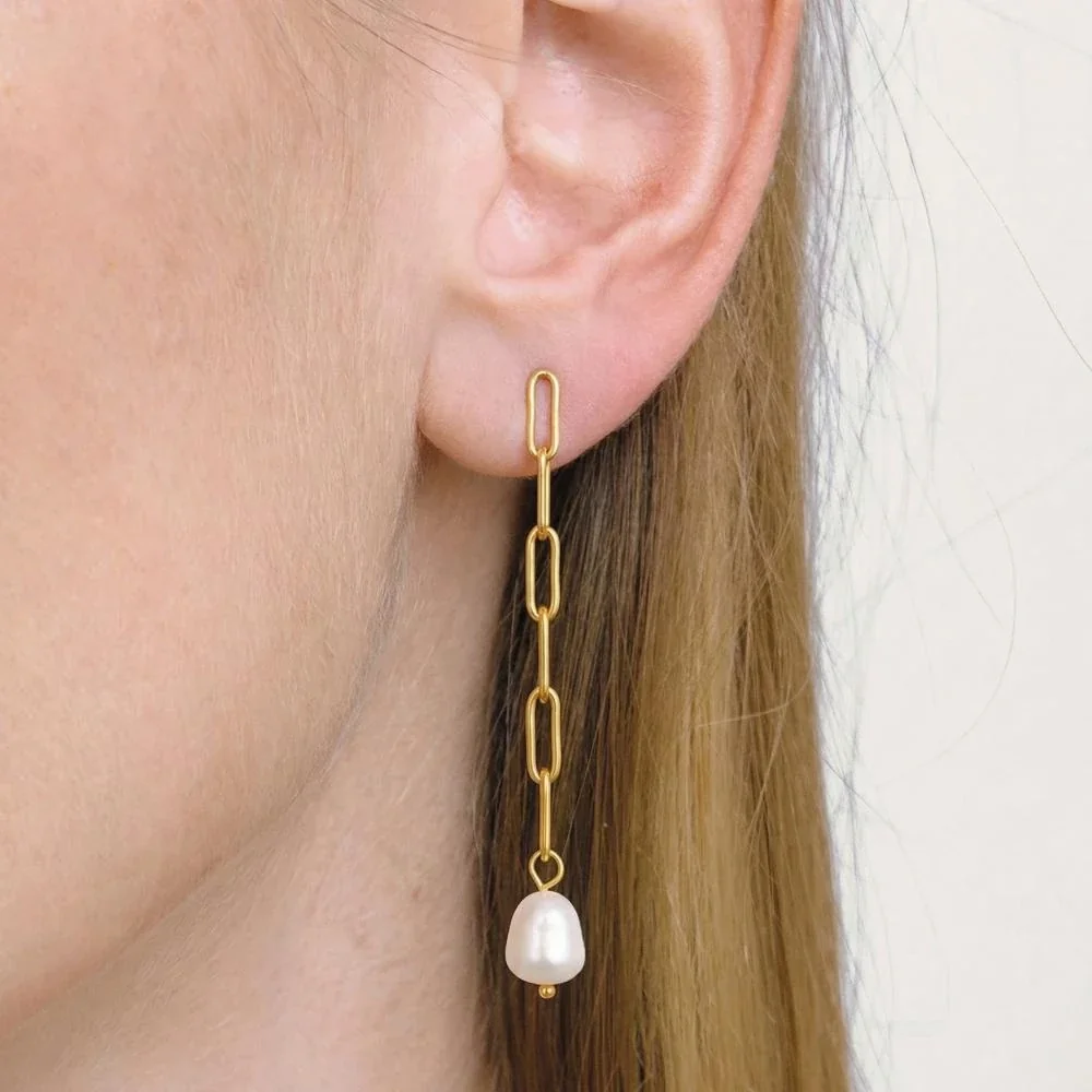 Freshwater Pearl Paperclip Link Stainless Steel Drop Earrings
