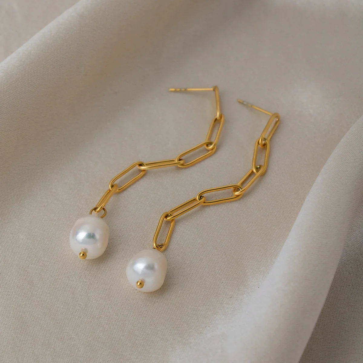 Freshwater Pearl Paperclip Link Stainless Steel Drop Earrings