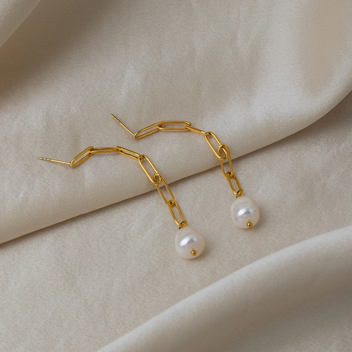 Freshwater Pearl Paperclip Link Stainless Steel Drop Earrings