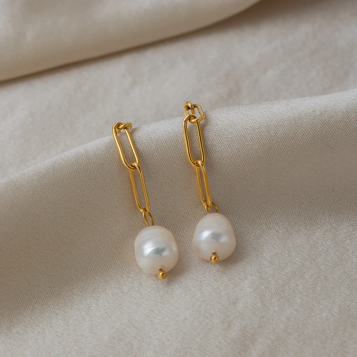 Freshwater Pearl Paperclip Link Stainless Steel Drop Earrings