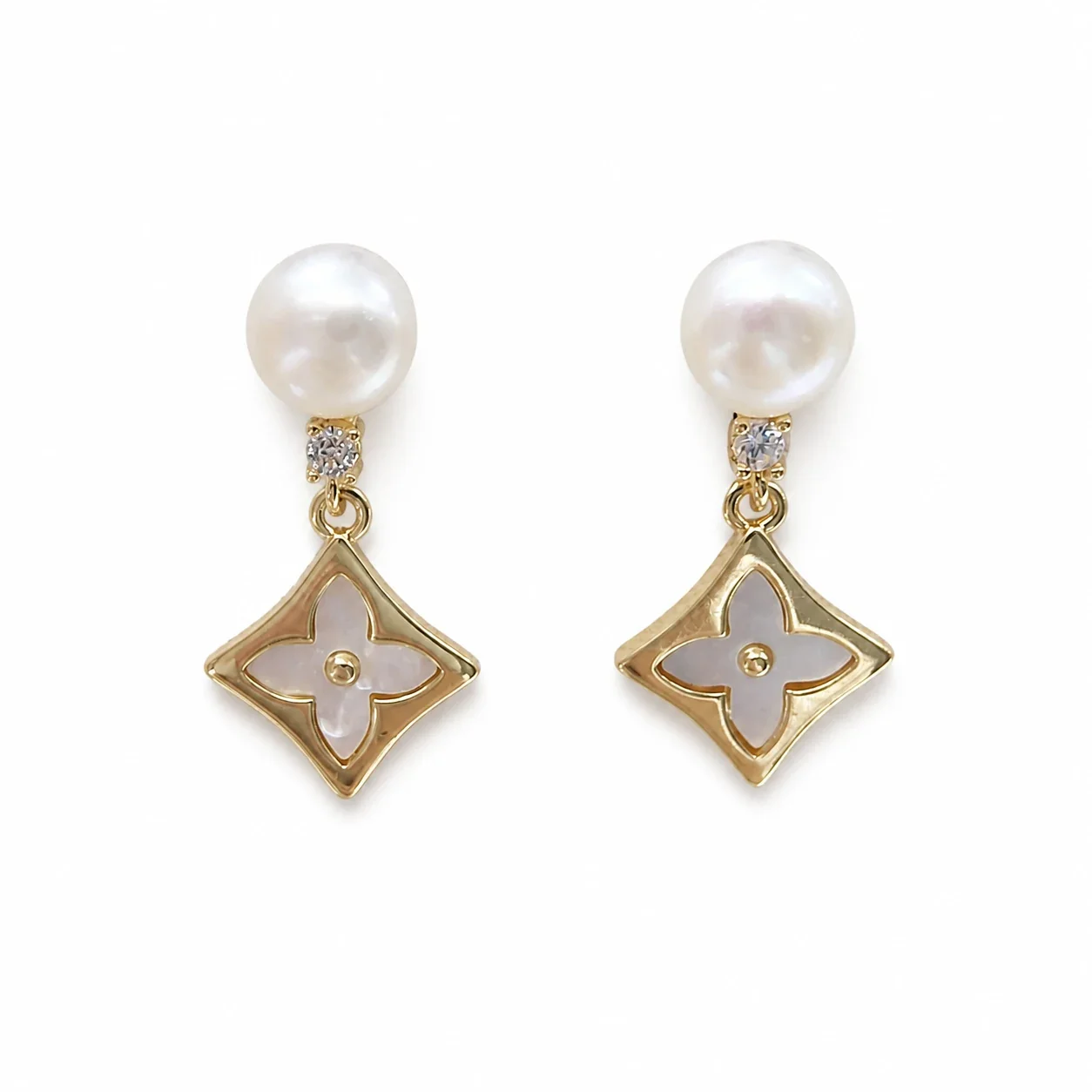 Petite Gold-Plated Four-Leaf Shell Freshwater Pearl Drop Earrings