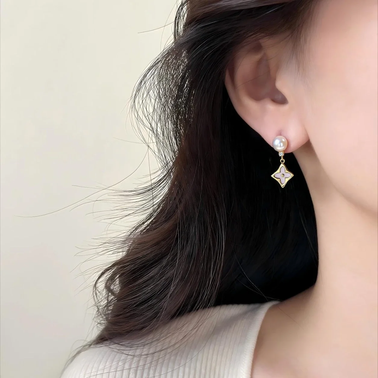 Petite Gold-Plated Four-Leaf Shell Freshwater Pearl Drop Earrings