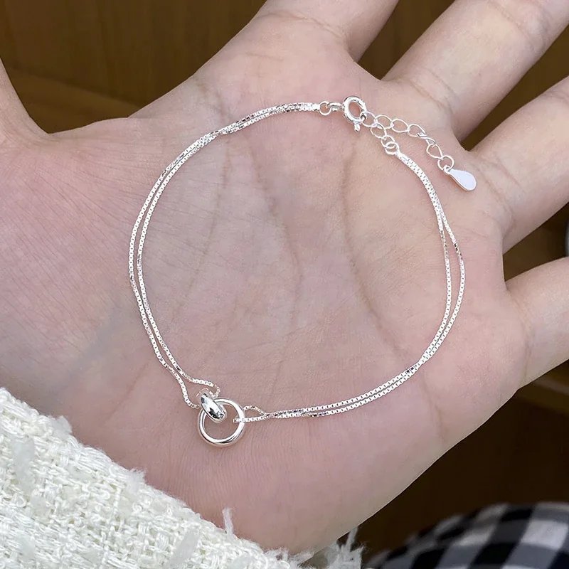 Minimal Interlocking 925 Sterling Silver Double Chain Bracelet