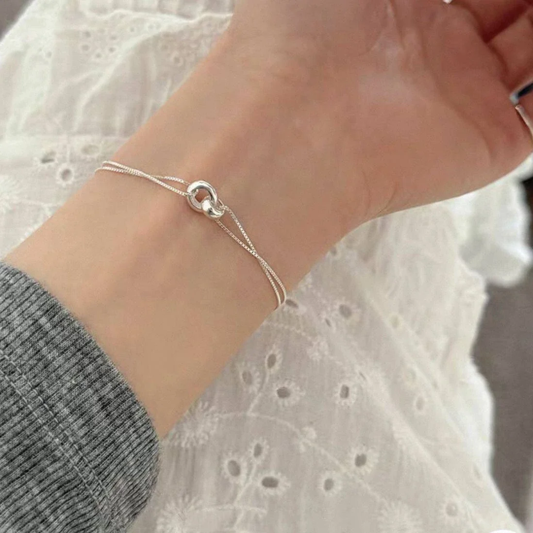 Minimal Interlocking 925 Sterling Silver Double Chain Bracelet