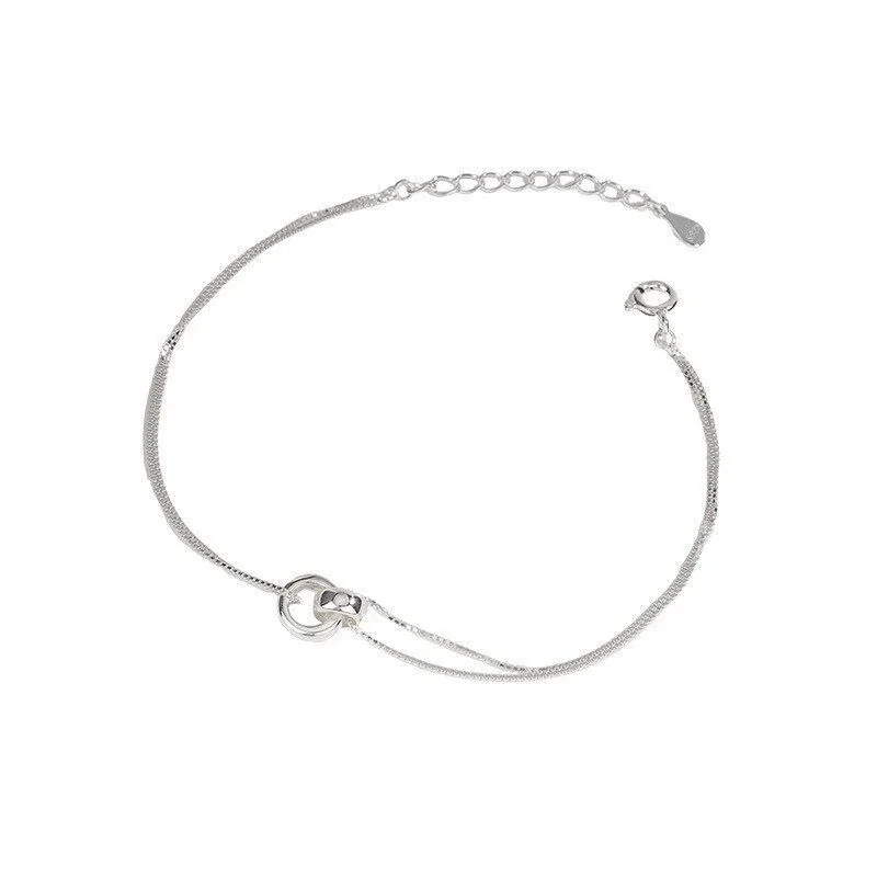 Minimal Interlocking 925 Sterling Silver Double Chain Bracelet - Silver