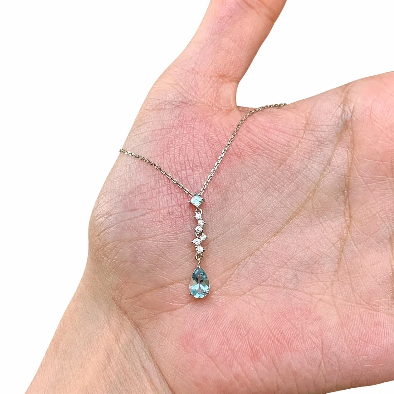 Delicate Blue Teardrop CZ Silver-Plated Copper Necklace