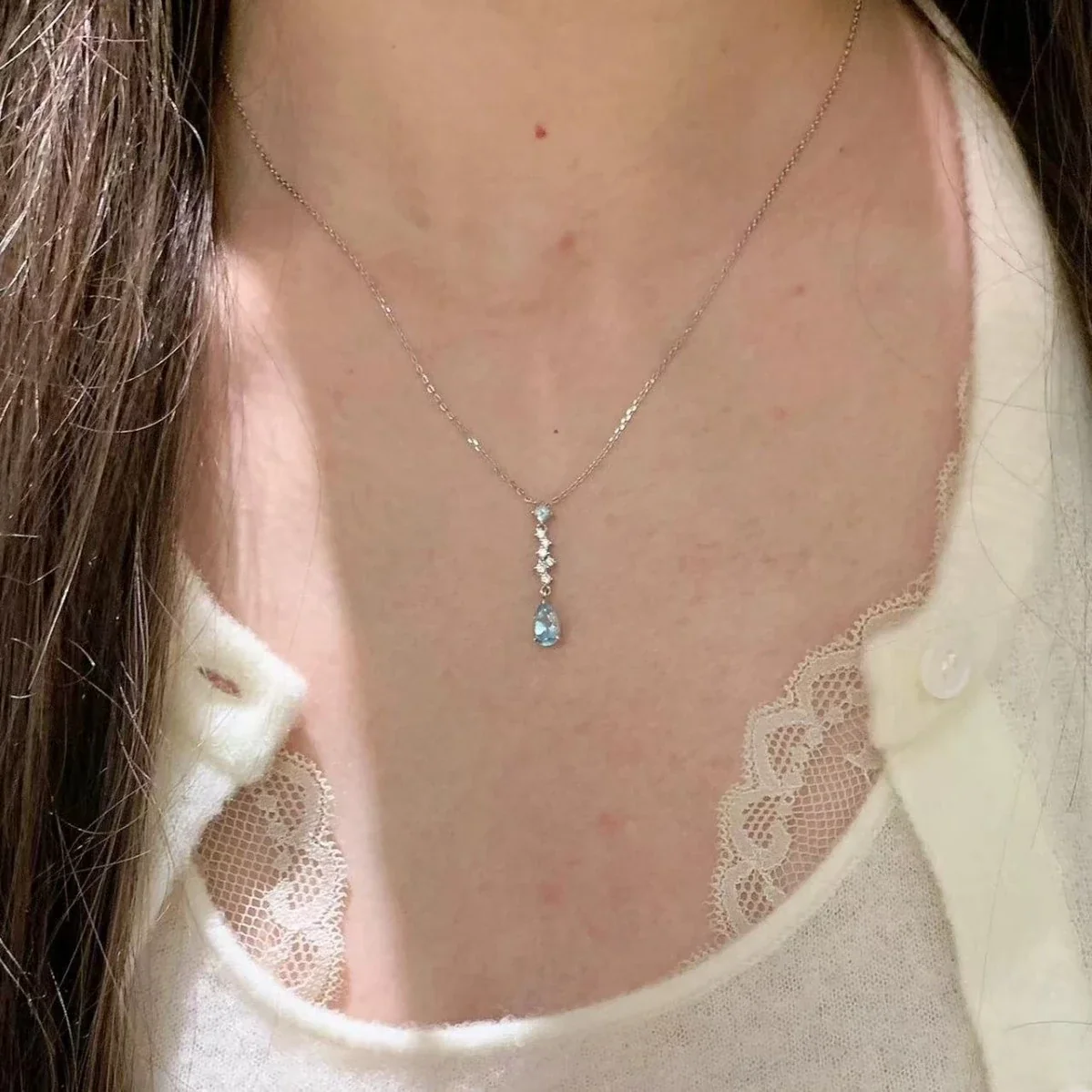 Delicate Blue Teardrop CZ Silver-Plated Copper Necklace