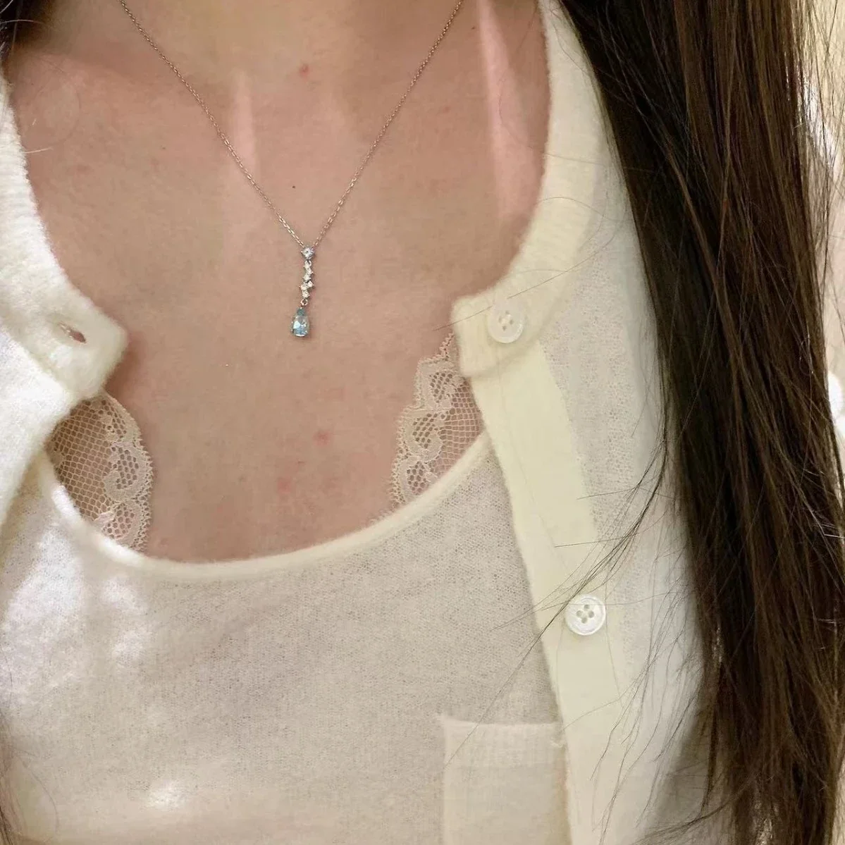 Delicate Blue Teardrop CZ Silver-Plated Copper Necklace