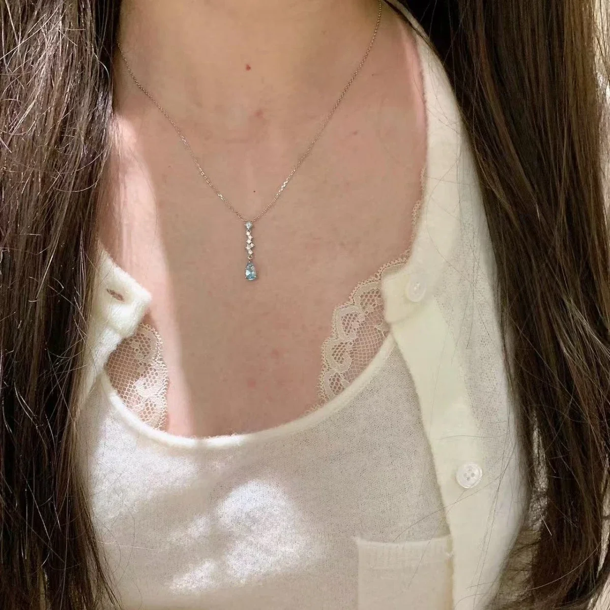 Delicate Blue Teardrop CZ Silver-Plated Copper Necklace