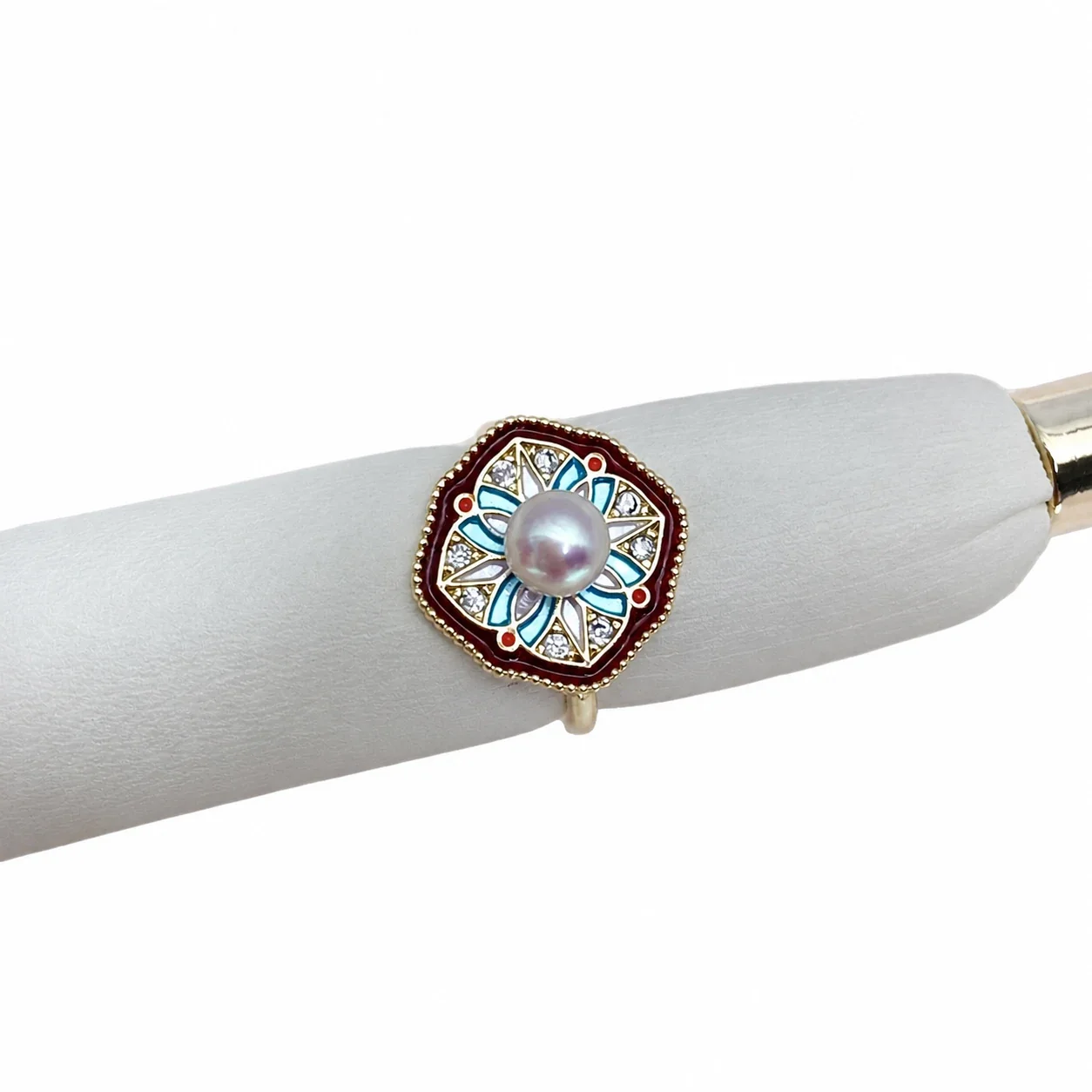 Ornate Gold-Plated Cushion Floral Freshwater Pearl Ring