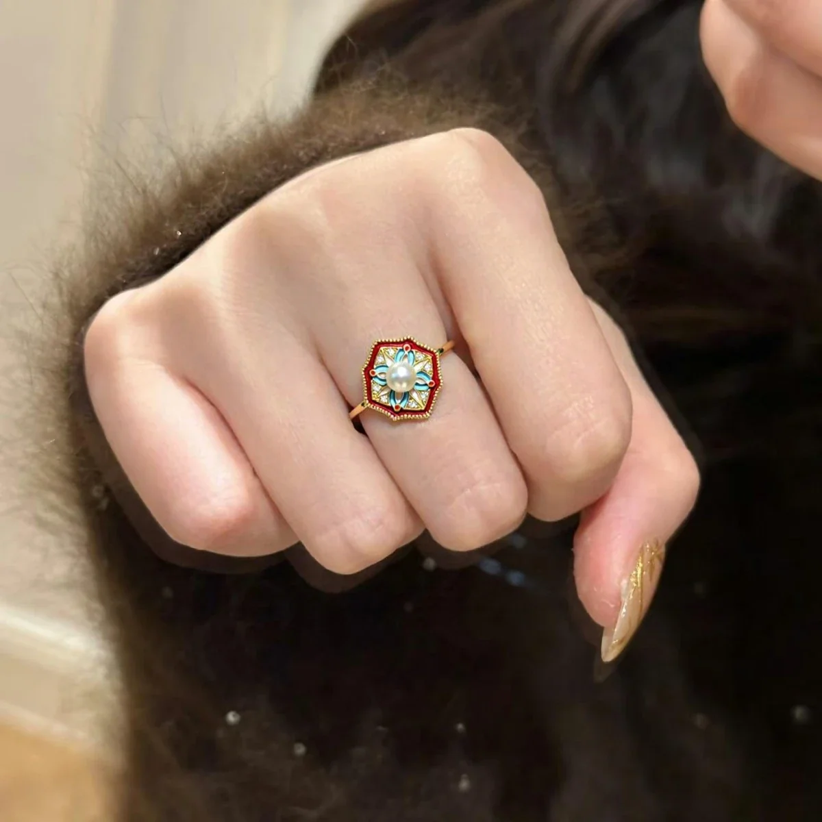 Ornate Gold-Plated Cushion Floral Freshwater Pearl Ring