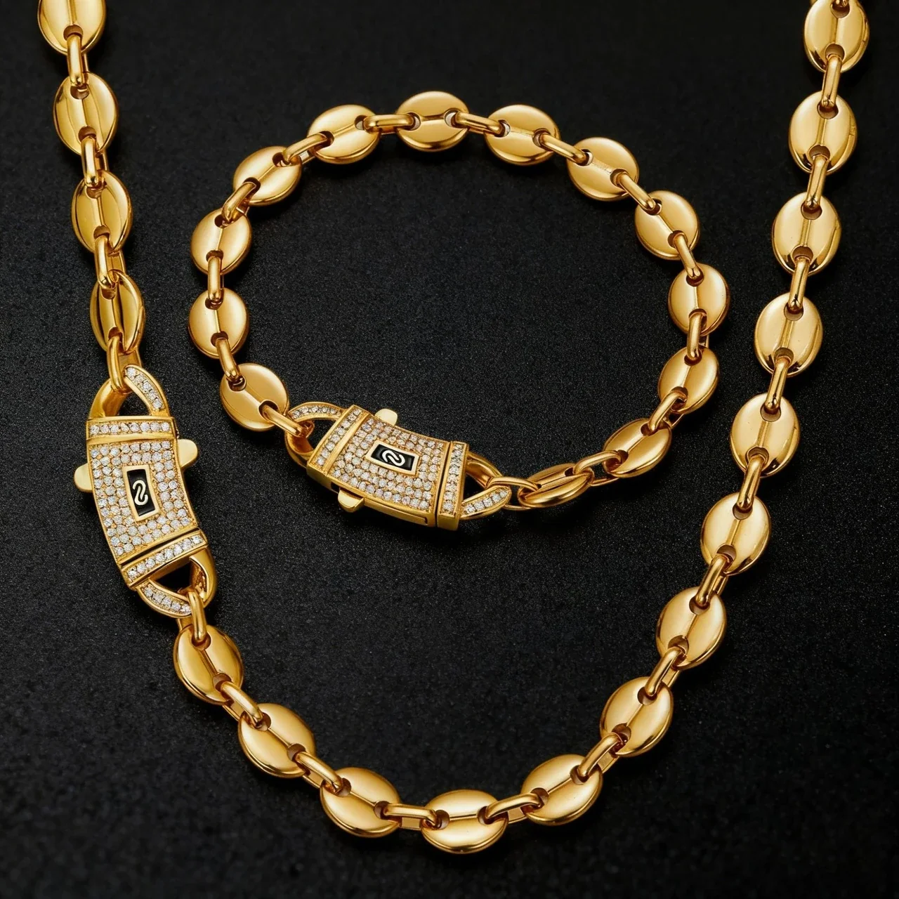 Bold Gold-Plated Coffee Bean CZ Lock Chain Bracelet