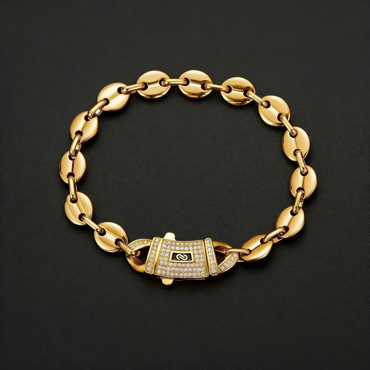 Bold Gold-Plated Coffee Bean CZ Lock Chain Bracelet