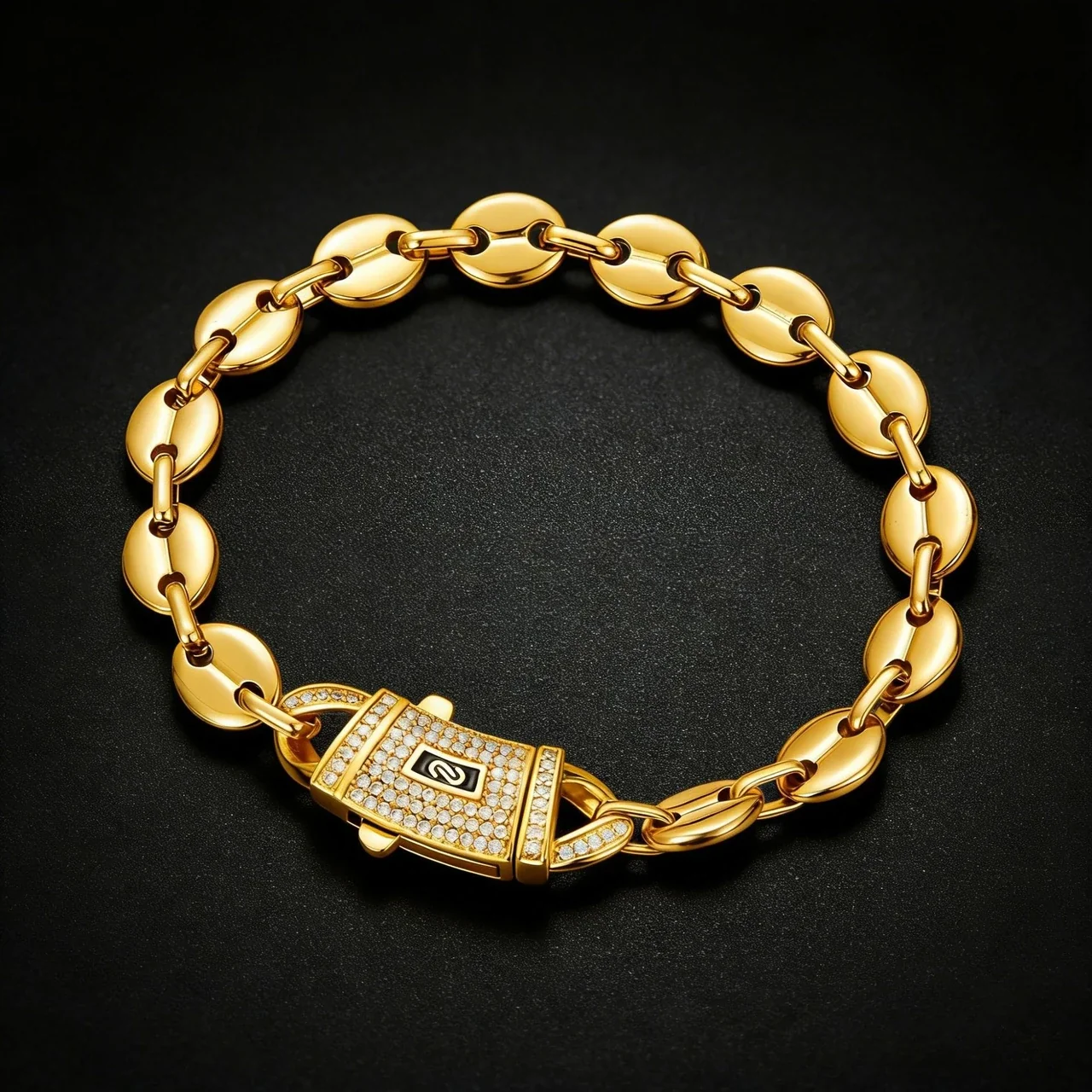 Bold Gold-Plated Coffee Bean CZ Lock Chain Bracelet