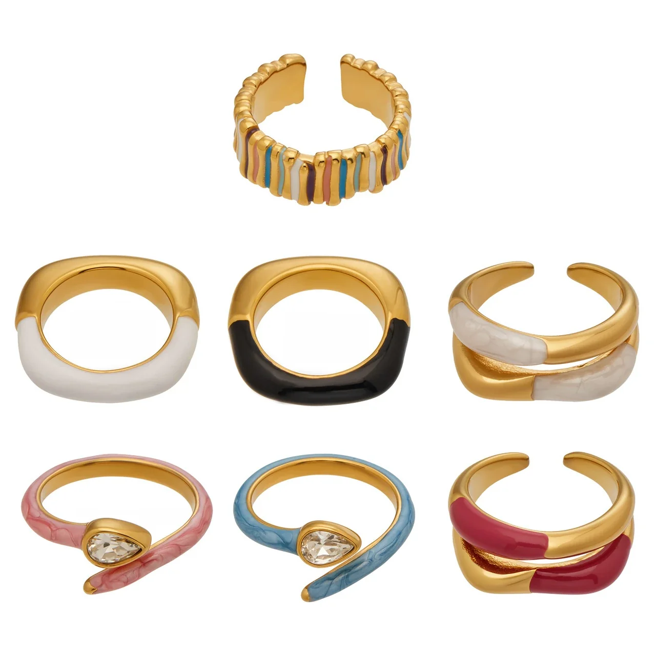 Vivid Gold-Plated Enamel Ribbed Open-Front Ring