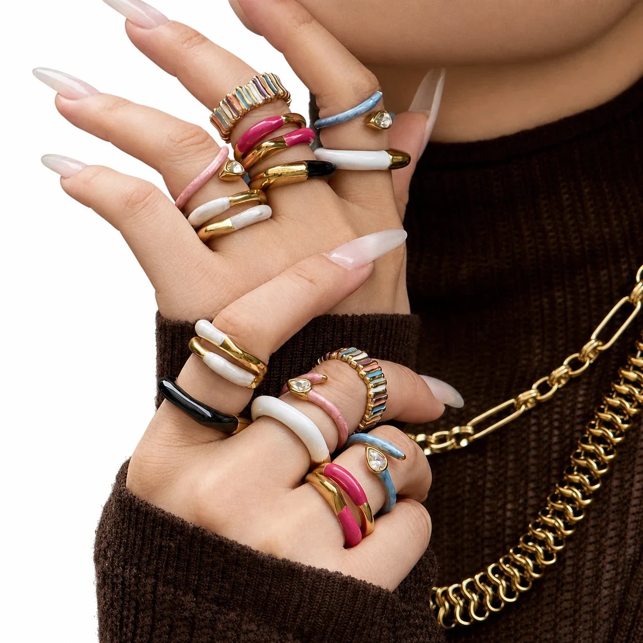 Vivid Gold-Plated Enamel Ribbed Open-Front Ring