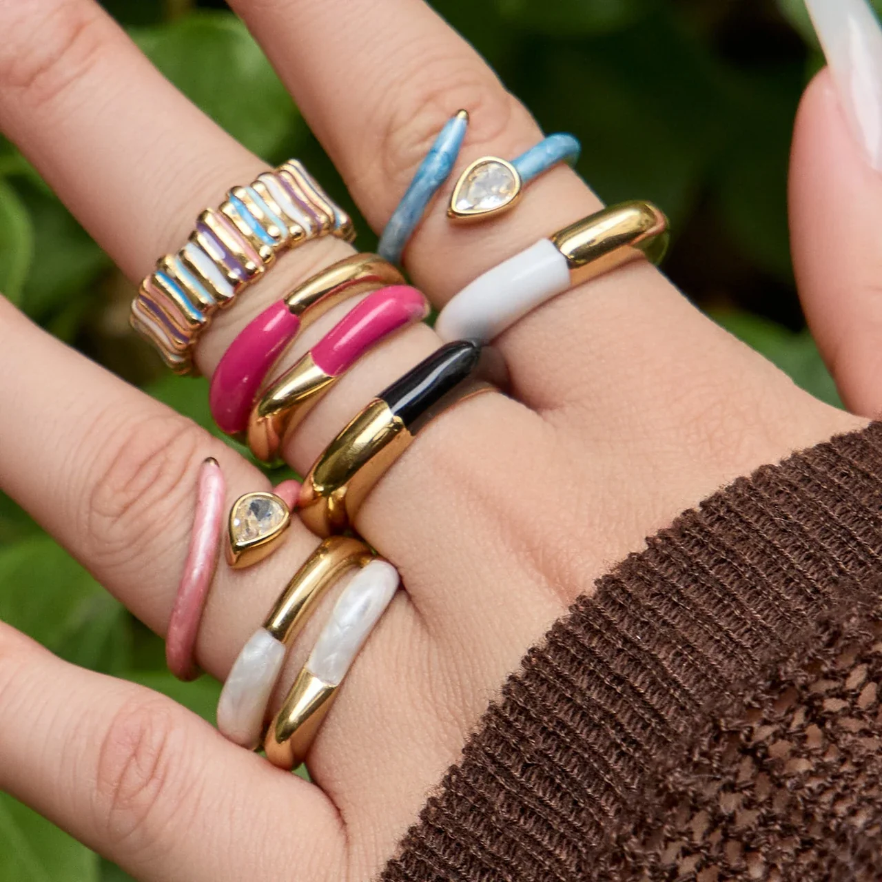 Vivid Gold-Plated Enamel Ribbed Open-Front Ring
