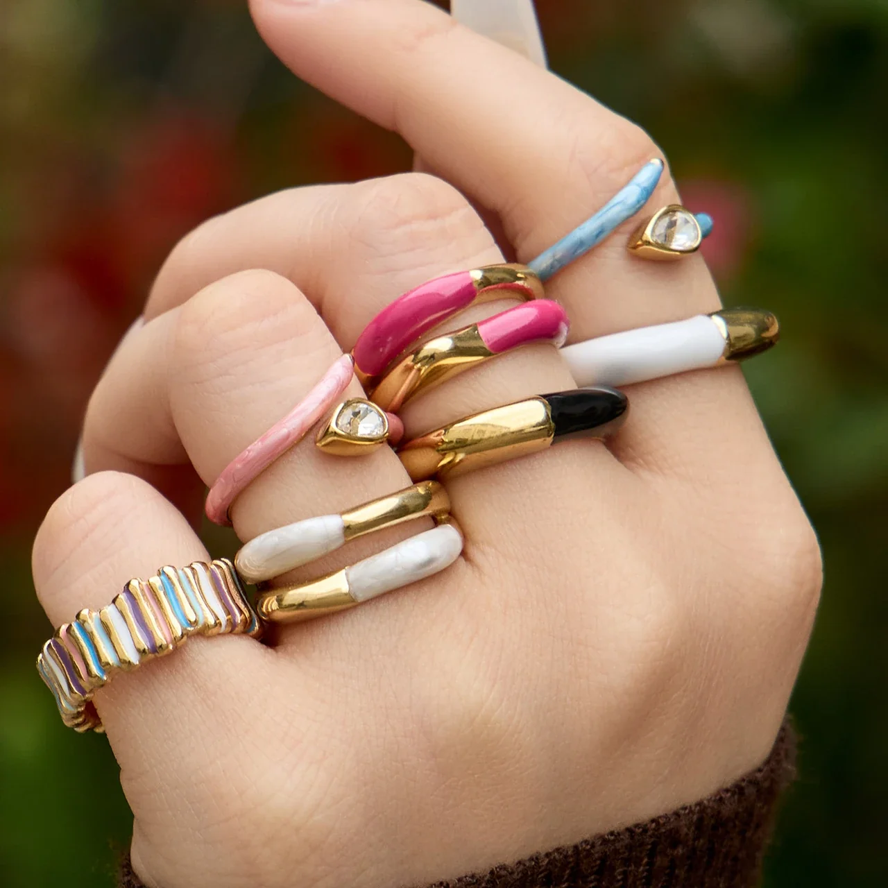 Vivid Gold-Plated Enamel Ribbed Open-Front Ring