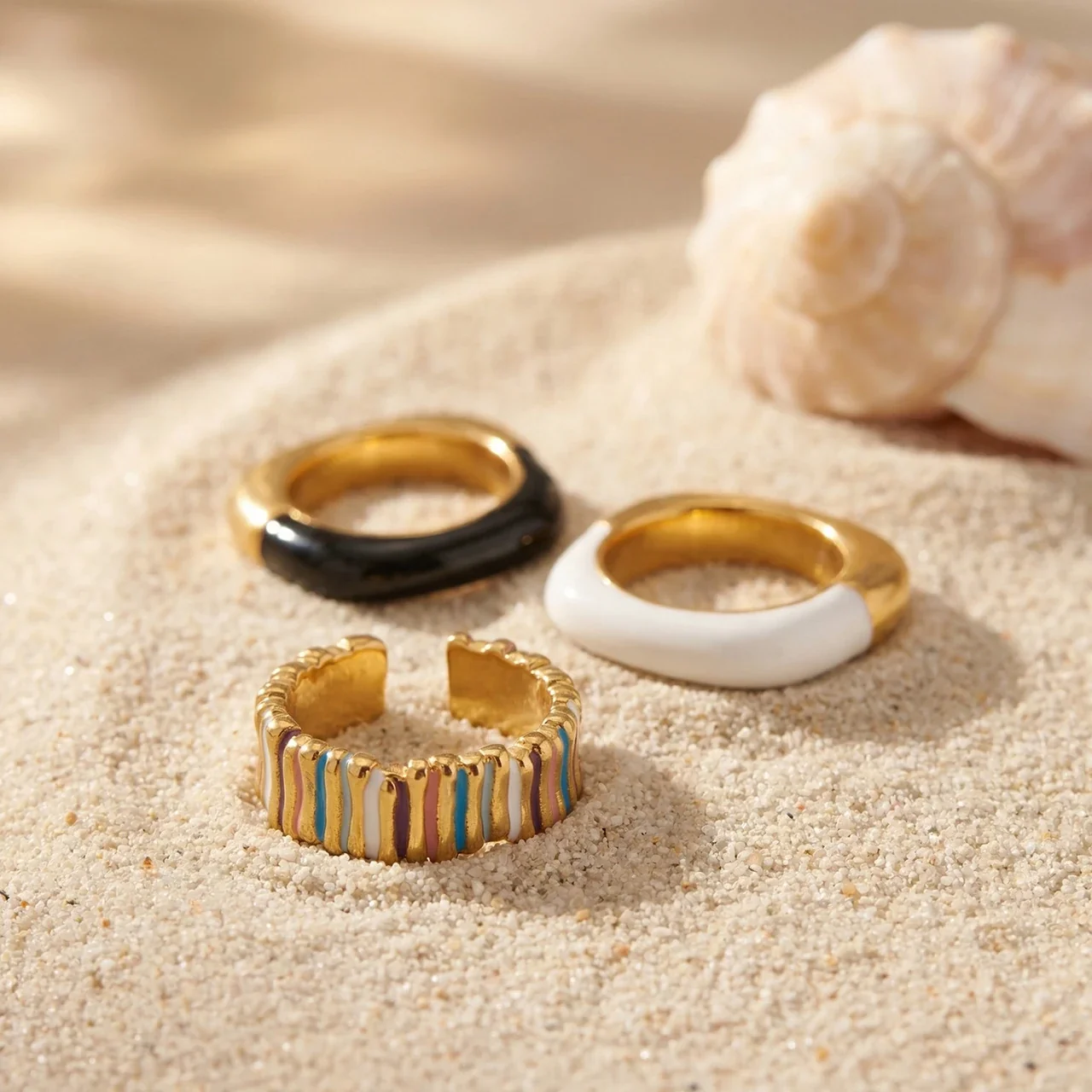 Vivid Gold-Plated Enamel Ribbed Open-Front Ring