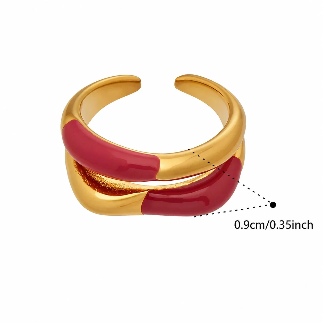 Vivid Gold-Plated Enamel Ribbed Open-Front Ring - Gold Red Enamel