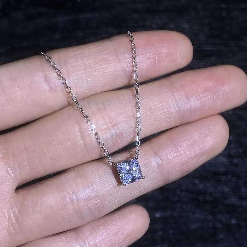 Refined Princess-Cut Moissanite Prong 925 Sterling Silver Necklace