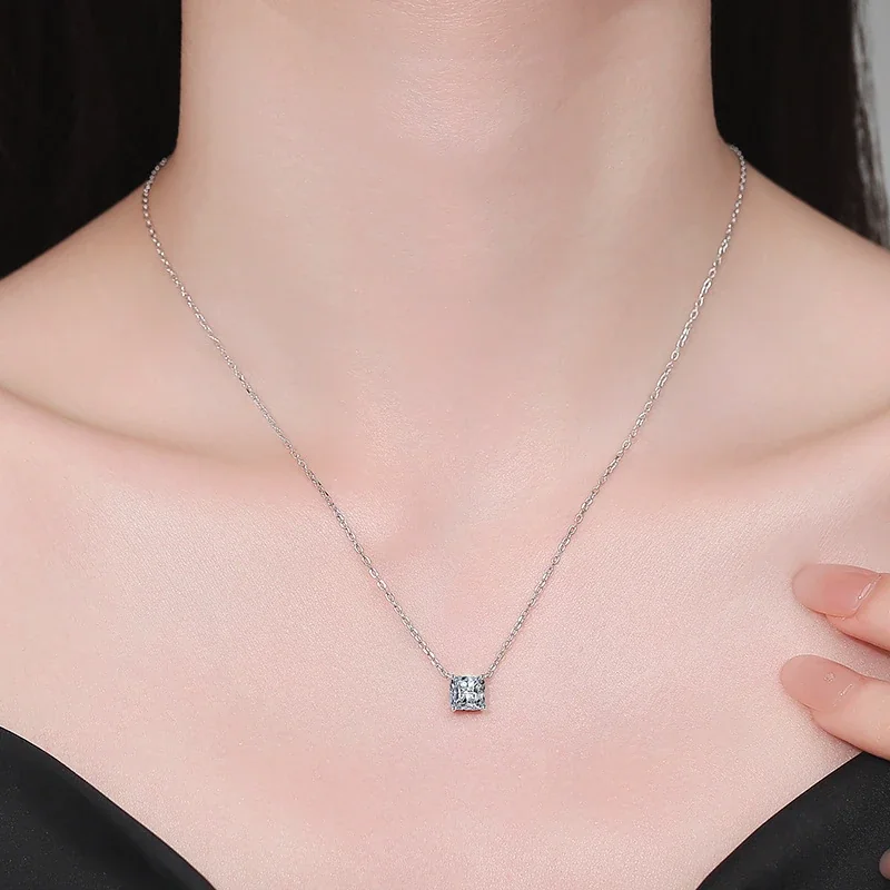 Refined Princess-Cut Moissanite Prong 925 Sterling Silver Necklace