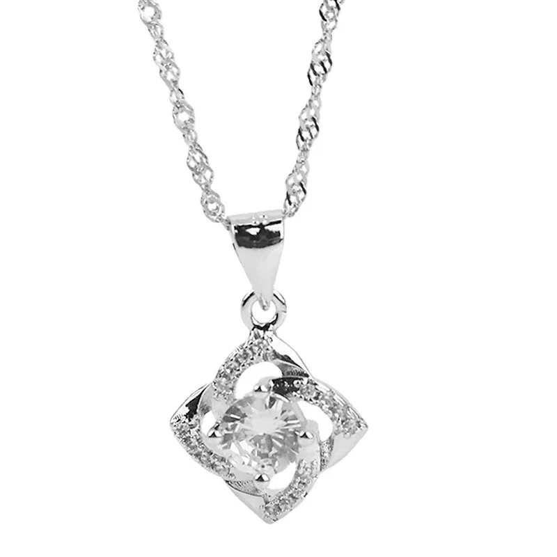 Swirling Square 925 Sterling Silver Round Cubic Zirconia Necklace