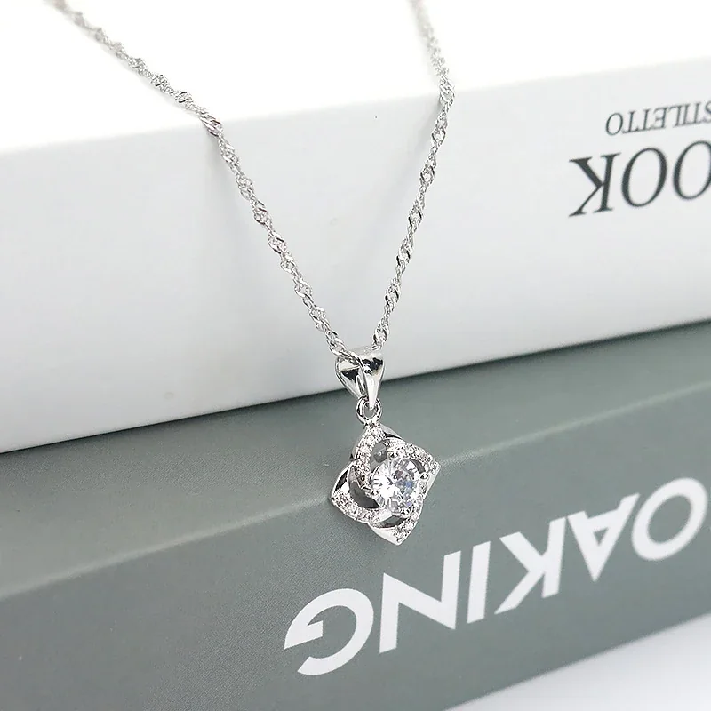 Swirling Square 925 Sterling Silver Round Crystal Necklace