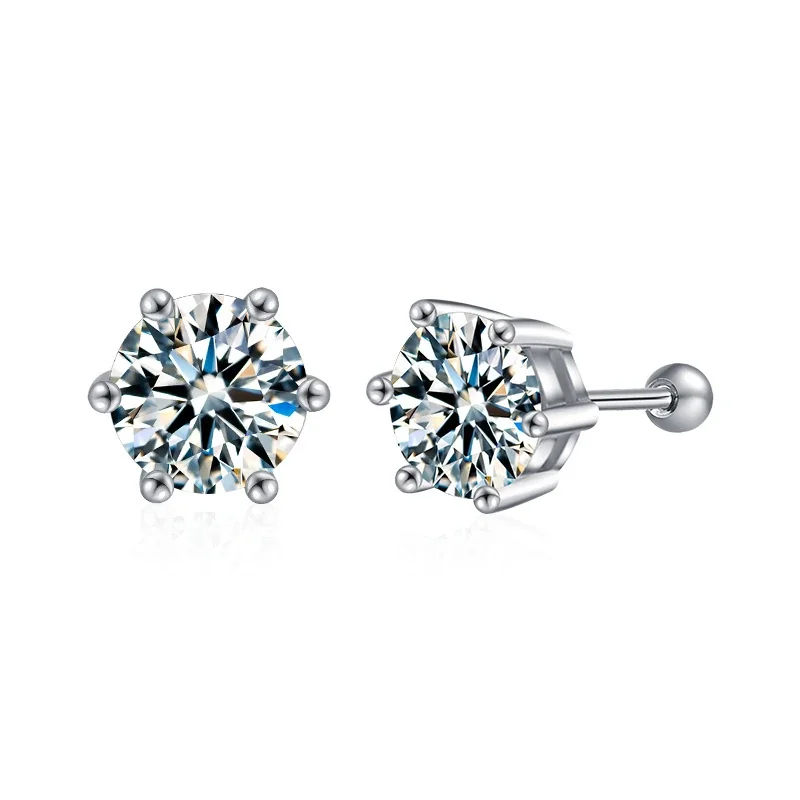 Ribbed Six-Prong Round Moissanite 925 Sterling Silver Stud Earrings