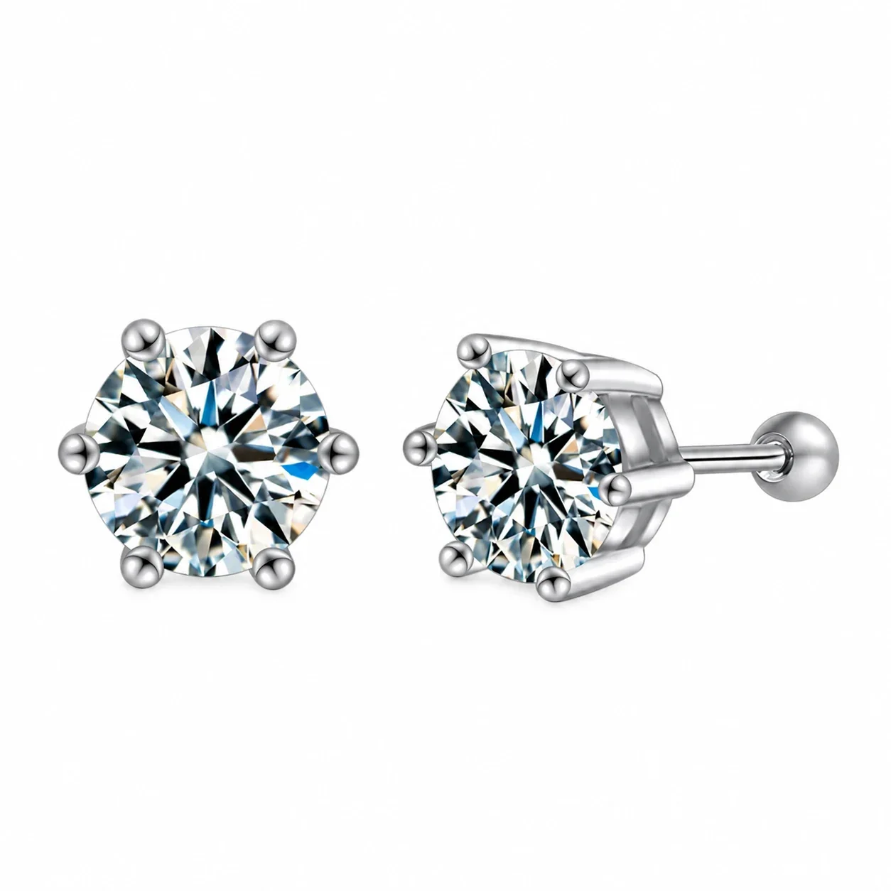 Ribbed Six-Prong Round Moissanite 925 Sterling Silver Stud Earrings