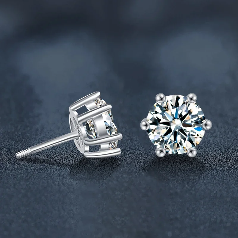 Ribbed Six-Prong Round Moissanite 925 Sterling Silver Stud Earrings