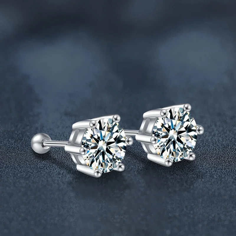 Ribbed Six-Prong Round Moissanite 925 Sterling Silver Stud Earrings