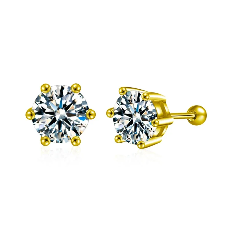 Ribbed Six-Prong Round Moissanite 925 Sterling Silver Stud Earrings - Gold