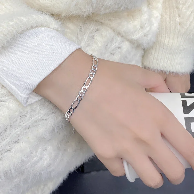 Polished 925 Sterling Silver Alternating Figaro Link Bracelet