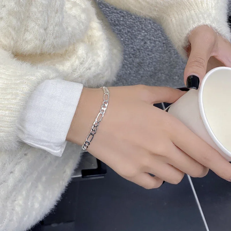 Polished 925 Sterling Silver Alternating Figaro Link Bracelet