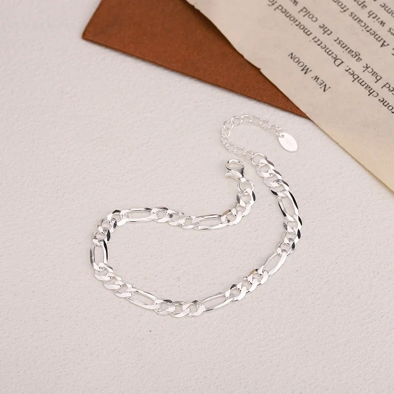 Polished 925 Sterling Silver Alternating Figaro Link Bracelet