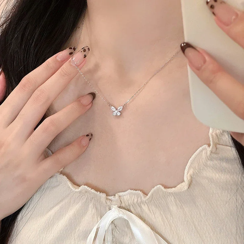 Delicate Marquise Prong-Set Butterfly 925 Sterling Silver Necklace