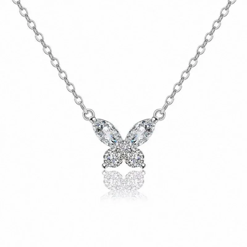 Delicate Marquise Prong-Set Butterfly 925 Sterling Silver Necklace - Silver