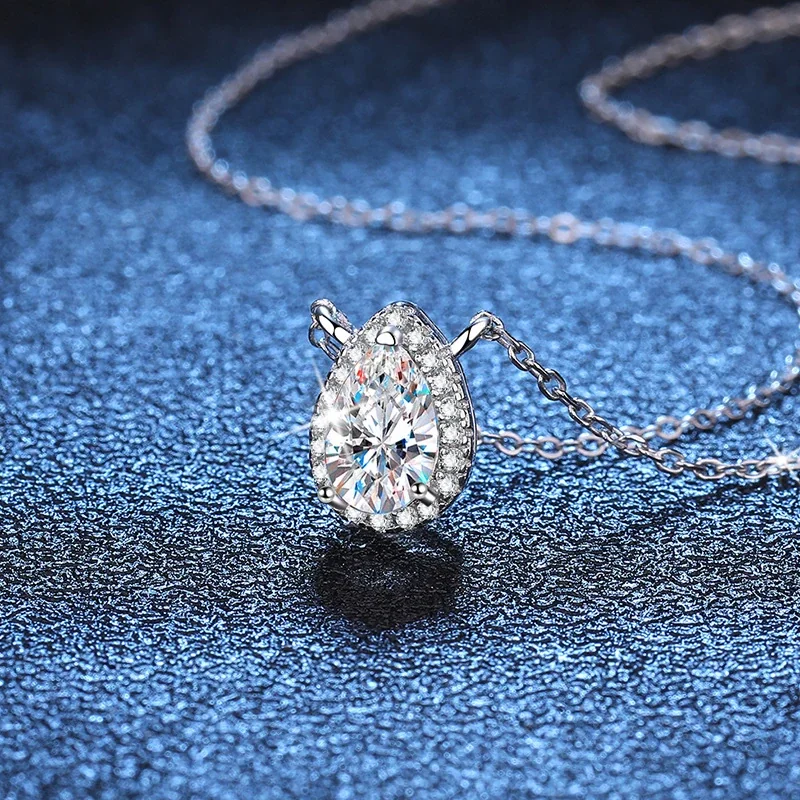 Luminous Pear Halo Silver-Plated 925 Sterling Silver Necklace